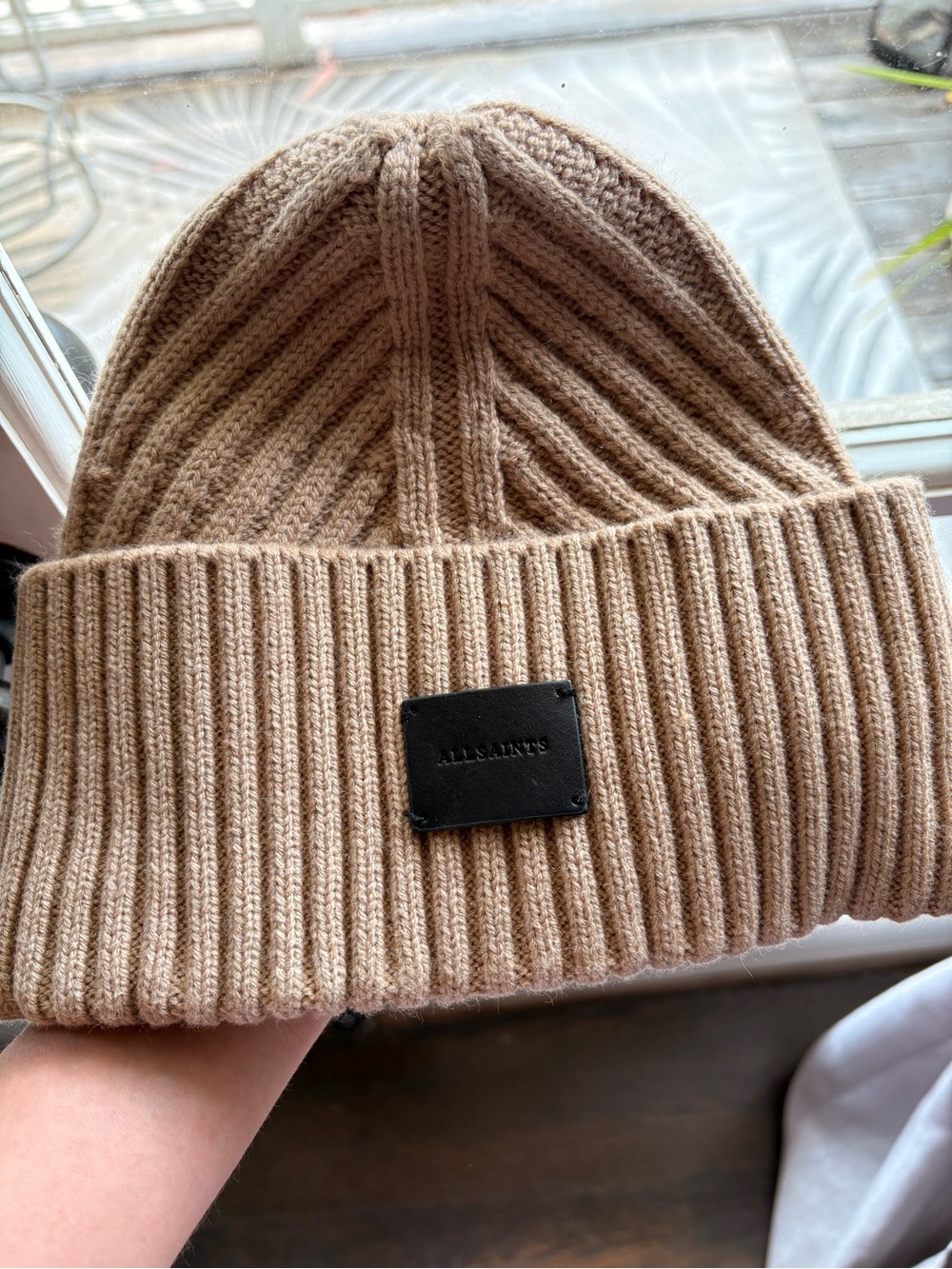 All Saints UniSex Tan Ribbed Knit Beanie with Leather Logo Patch